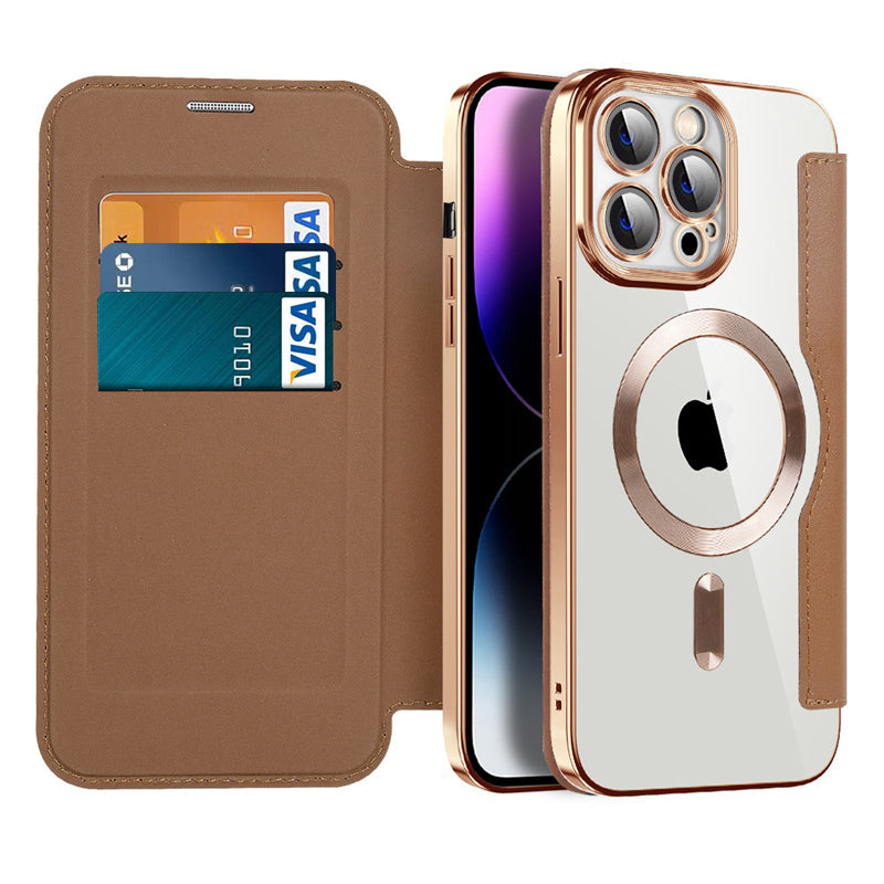 Transparent Electroplated Magnetic Leather Flip Case for iPhone