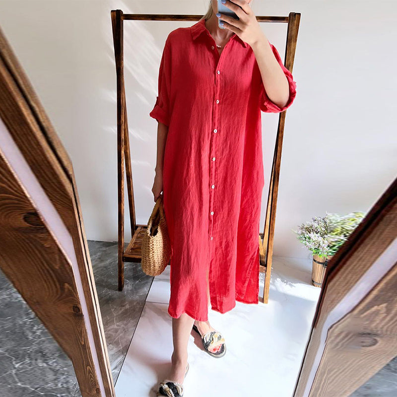 Lapel Buttoned Cotton and Linen Dress