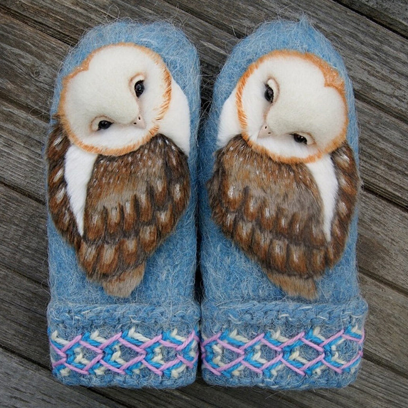 Hand Knitted Nordic Mittens With Owls