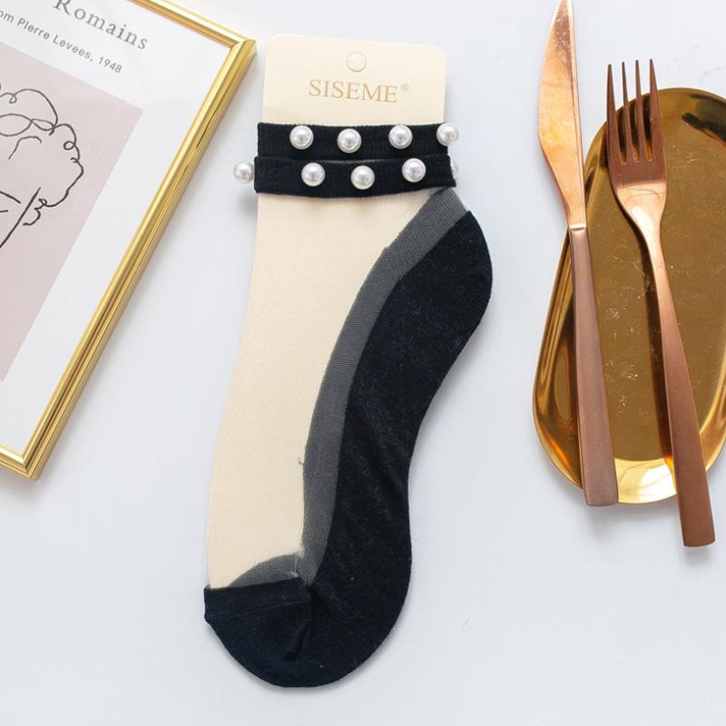 Women Pearl Fishnet Ankle High Socks, 2PCS