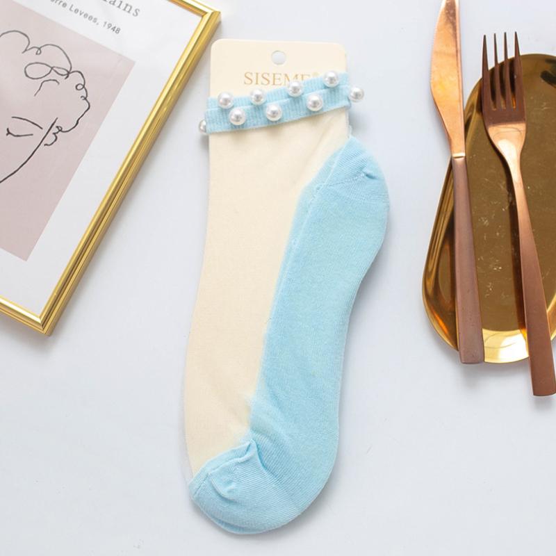 Women Pearl Fishnet Ankle High Socks, 2PCS