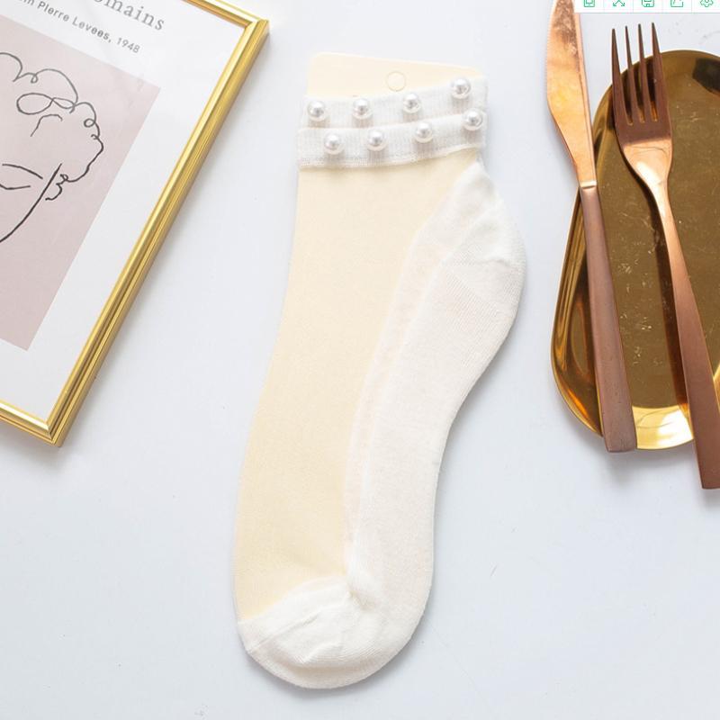 Women Pearl Fishnet Ankle High Socks, 2PCS
