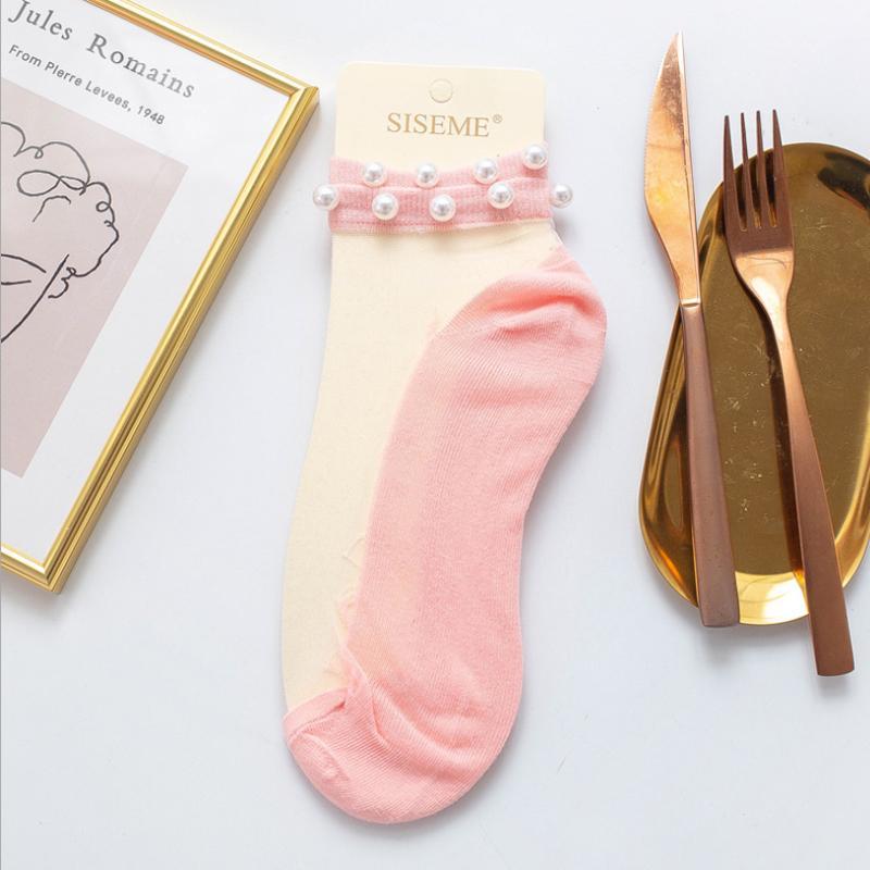 Women Pearl Fishnet Ankle High Socks, 2PCS