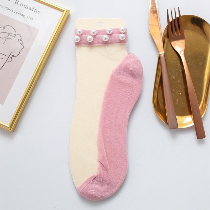 Women Pearl Fishnet Ankle High Socks, 2PCS