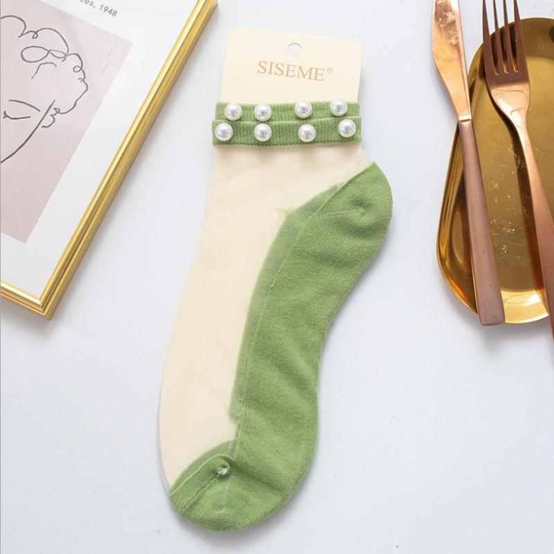 Women Pearl Fishnet Ankle High Socks, 2PCS