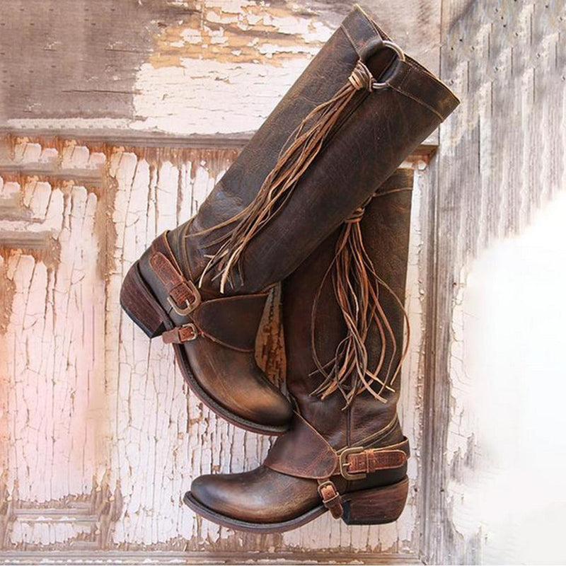 Women Vintage Tassel Knot Knee High Boots
