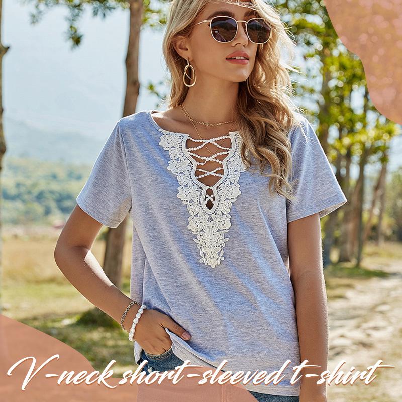 Lace V-neck short-sleeved t-shirt