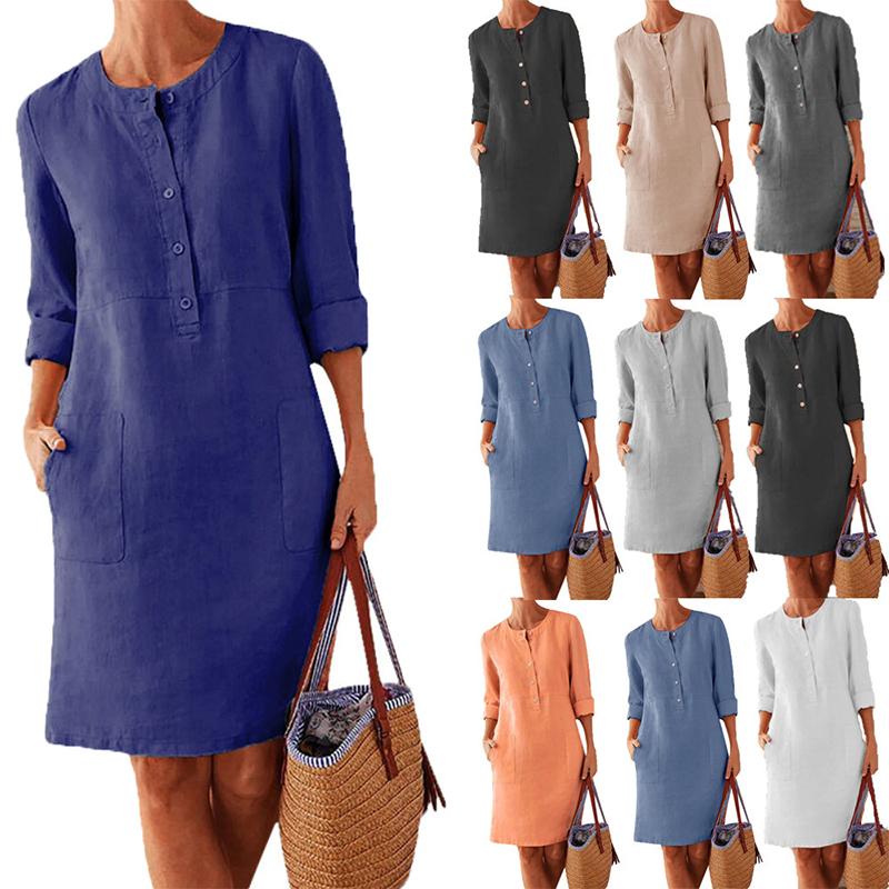 Solid Color Cotton and Linen Dress