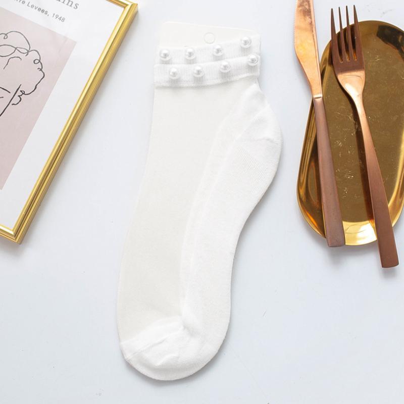 Women Pearl Fishnet Ankle High Socks, 2PCS