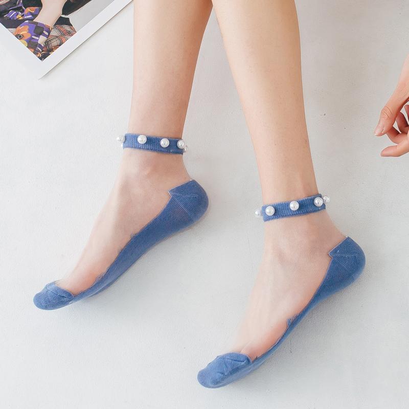 Women Pearl Fishnet Ankle High Socks, 2PCS