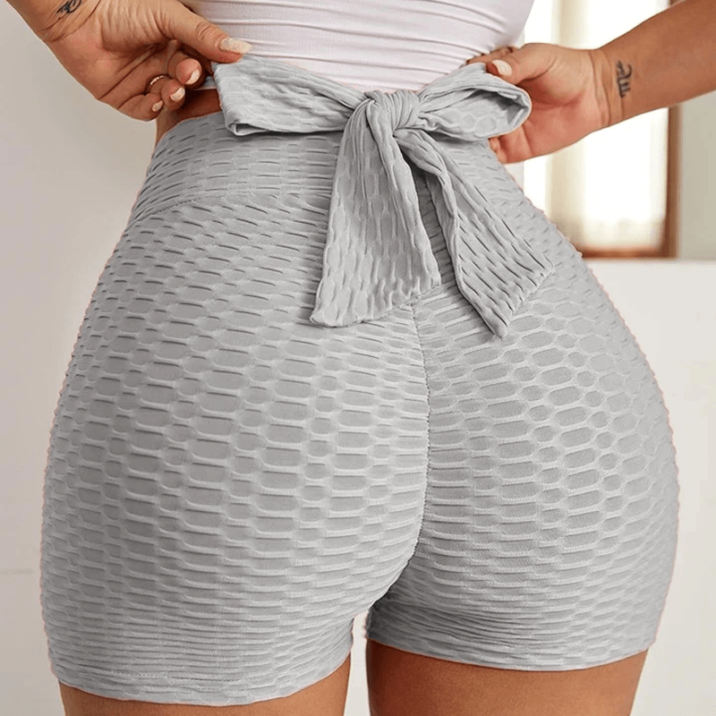 Honeycomb Textured Bow Tie Butt Lifting High Waist Shorts