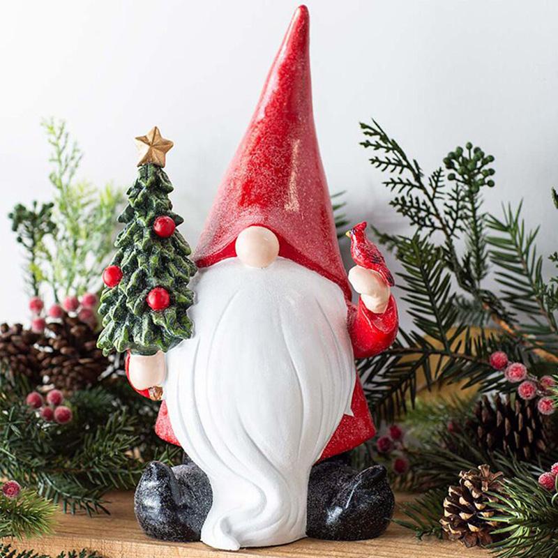 Resin Gnome Statue Holding Cardinal And Christmas Tree