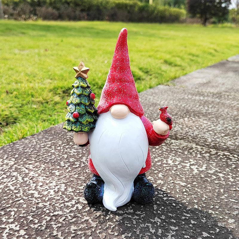 Resin Gnome Statue Holding Cardinal And Christmas Tree