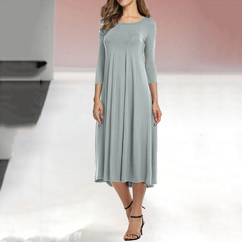 Women's New Mid-sleeve Solid Color Swing Dress