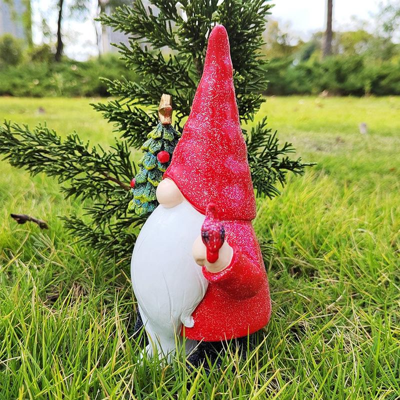 Resin Gnome Statue Holding Cardinal And Christmas Tree