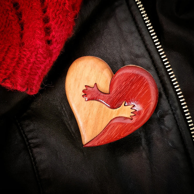 Loving Hearts Wood Intarsia Pinback Button