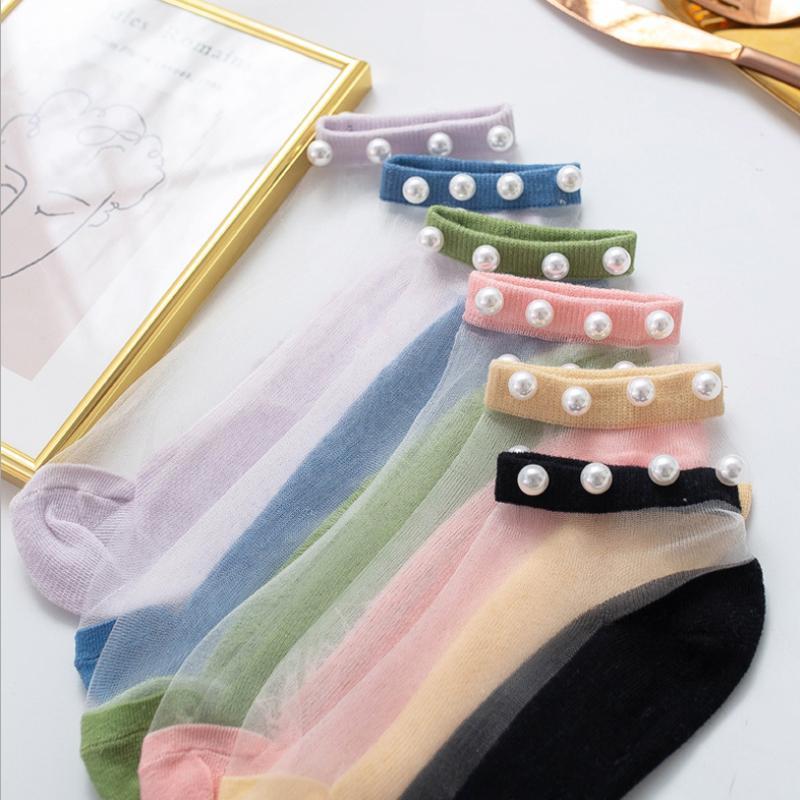 Women Pearl Fishnet Ankle High Socks, 2PCS