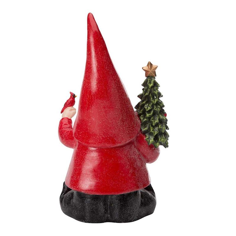 Resin Gnome Statue Holding Cardinal And Christmas Tree