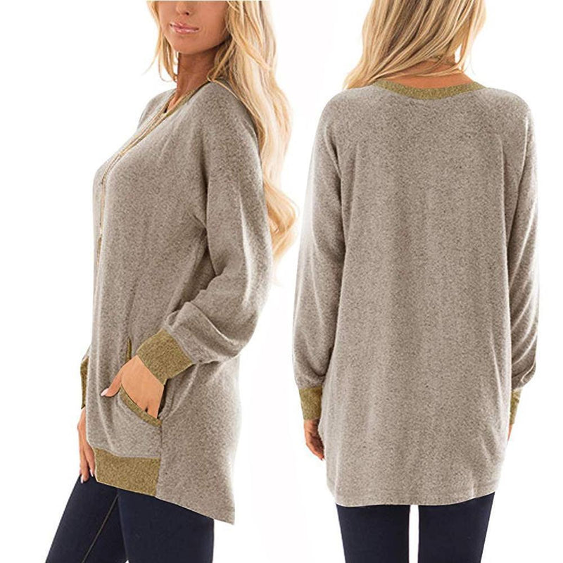 Womens Casual Color Block Long Sleeve Round Neck Pocket T Shirts