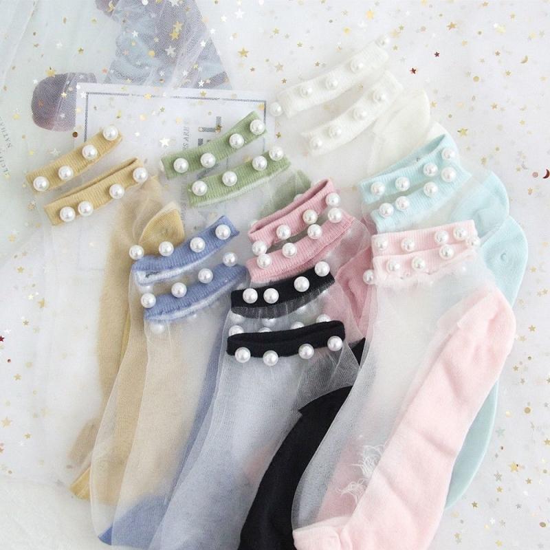 Women Pearl Fishnet Ankle High Socks, 2PCS