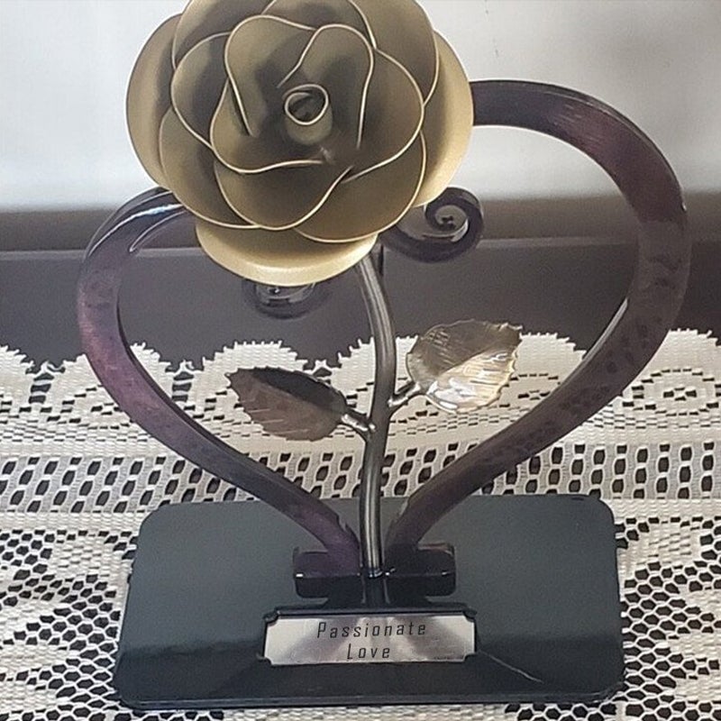 Metal Rose with Heart-Shaped Stand