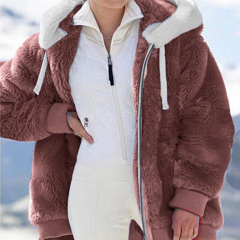 Women Loose plush zipper hooded jacket