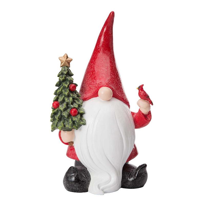 Resin Gnome Statue Holding Cardinal And Christmas Tree