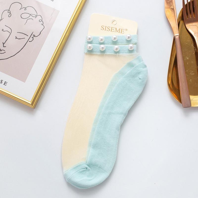 Women Pearl Fishnet Ankle High Socks, 2PCS