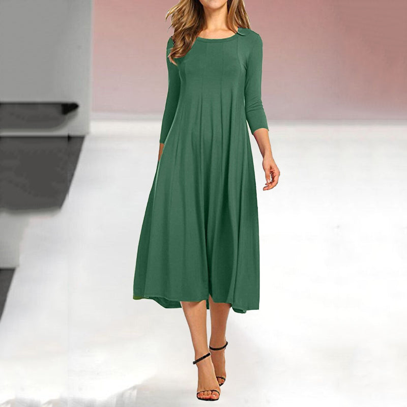 Women's New Mid-sleeve Solid Color Swing Dress