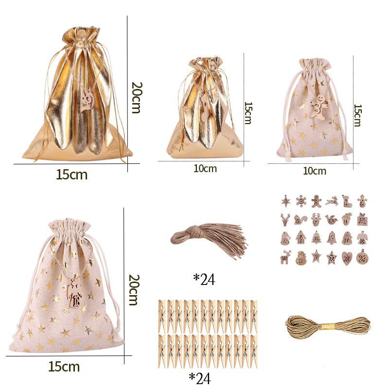 Golden Stars Pattern Christmas Countdown Linen Treat Bag (24pcs)